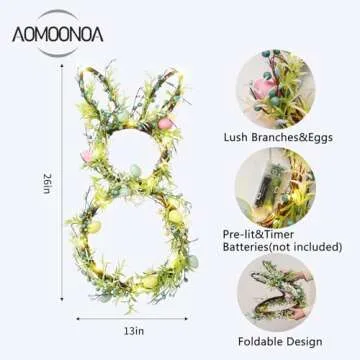 AOMOONOA Easter Bunny Spring Wreath for Front Door, Lighted Easter Wreaths with Timer and 30 LED War...