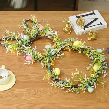 AOMOONOA Easter Bunny Spring Wreath for Front Door, Lighted Easter Wreaths with Timer and 30 LED Warm Lights, Foldable Bunny Wreaths with Eggs, Twigs and Berries, Pre-Lit Wreath for Spring Decor