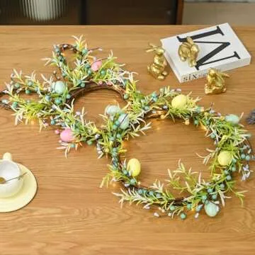AOMOONOA Easter Bunny Spring Wreath for Front Door, Lighted Easter Wreaths with Timer and 30 LED Warm Lights, Foldable Bunny Wreaths with Eggs, Twigs and Berries, Pre-Lit Wreath for Spring Decor