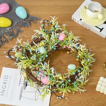 AOMOONOA Easter Bunny Spring Wreath for Front Door, Lighted Easter Wreaths with Timer and 30 LED Warm Lights, Foldable Bunny Wreaths with Eggs, Twigs and Berries, Pre-Lit Wreath for Spring Decor