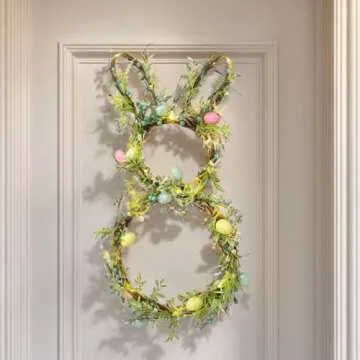 AOMOONOA Easter Bunny Spring Wreath for Front Door, Lighted Easter Wreaths with Timer and 30 LED Warm Lights, Foldable Bunny Wreaths with Eggs, Twigs and Berries, Pre-Lit Wreath for Spring Decor