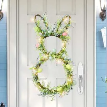 AOMOONOA Easter Bunny Spring Wreath for Front Door, Lighted Easter Wreaths with Timer and 30 LED Warm Lights, Foldable Bunny Wreaths with Eggs, Twigs and Berries, Pre-Lit Wreath for Spring Decor