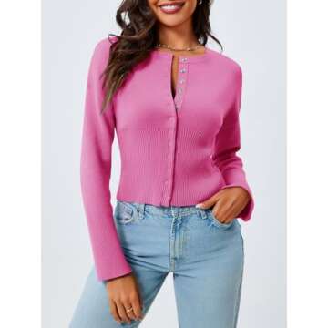 Saodimallsu Womens Cropped Sweaters Button Down Long Sleeve V Neck Ribbed Knit Slim Fit Pullover Cro...