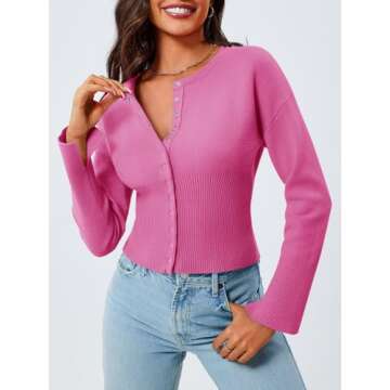 Saodimallsu Womens Cropped Sweaters Button Down Long Sleeve V Neck Ribbed Knit Slim Fit Pullover Crop Tops Pink