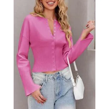 Saodimallsu Womens Cropped Sweaters Button Down Long Sleeve V Neck Ribbed Knit Slim Fit Pullover Crop Tops Pink