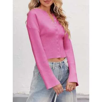 Saodimallsu Womens Cropped Sweaters Button Down Long Sleeve V Neck Ribbed Knit Slim Fit Pullover Crop Tops Pink
