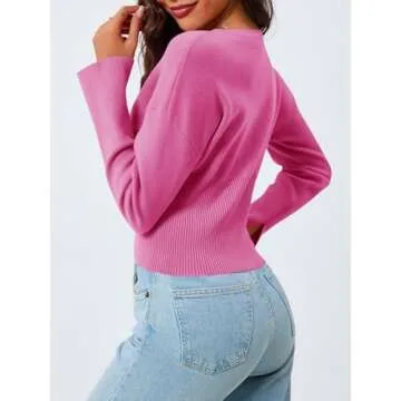Saodimallsu Womens Cropped Sweaters Button Down Long Sleeve V Neck Ribbed Knit Slim Fit Pullover Crop Tops Pink