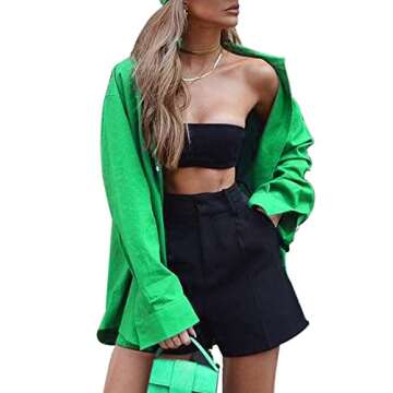 Green Oversized Shirts for Women Long Sleeve Button Down Boyfriend Shirt Drop Shoulder Causal Blouse Tops