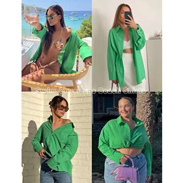 Green Oversized Shirts for Women Long Sleeve Button Down Boyfriend Shirt Drop Shoulder Causal Blouse Tops