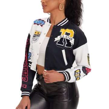 babyhealthy Womens Crop Varsity Jacket Stitched Leather Baseball Bomber Jacket Y2K Streetwear Short ...