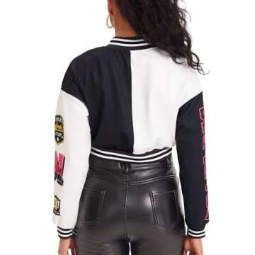 babyhealthy Womens Crop Varsity Jacket Stitched Leather Baseball Bomber Jacket Y2K Streetwear Short Coat C Black