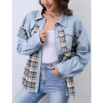 Women Denim Jacket Plaid Jean Shackets Button Down Lightweight Oversized Pocketed Coat Outfits Tops 2024 Fall Winter