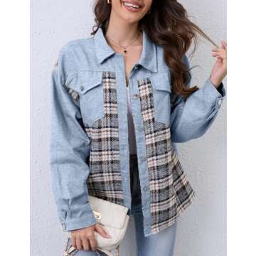 Women Denim Jacket Plaid Jean Shackets Button Down Lightweight Oversized Pocketed Coat Outfits Tops 2024 Fall Winter