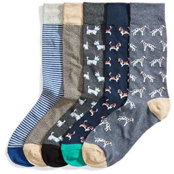 Amazon Essentials Men's Comfortable Patterned Dress Socks, 5 Pairs, Dogs/Geo Pattern/Mini Stripe, On...