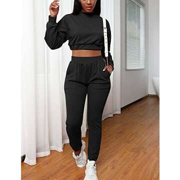 Mizoci Women's 2 Piece Outfits Lounge Jogger sets Long Sleeve Crop Top Pant Sweat Suit Tracksuit,Medium,Black