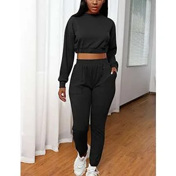 Mizoci Women's 2 Piece Outfits Lounge Jogger sets Long Sleeve Crop Top Pant Sweat Suit Tracksuit,Medium,Black