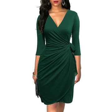 Berydress Women's Elegant 3/4 Sleeve V Neck Faux Wrap Dress - Perfect for Work & Parties