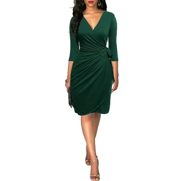 Berydress Women's 3/4 Sleeve V Neck Faux Wrap Dress
