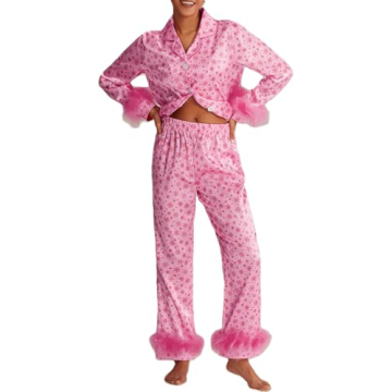 Yiulangde Silk Christmas Pajamas for Women Set - Cute Preppy Santa Satin Pjs with Feather Trim