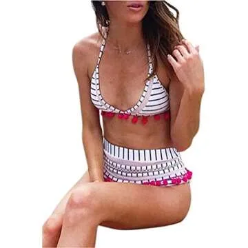 Dokotoo Womens Beach Juniors High Waist Two Pieces Brazilian Push Up Fashion Bikini Set Padded Striped Pop Pop Tassel Swimsuit Swimwear Bathing Suit with Bottom Small A Blue
