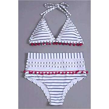 Dokotoo Womens Beach Juniors High Waist Two Pieces Brazilian Push Up Fashion Bikini Set Padded Striped Pop Pop Tassel Swimsuit Swimwear Bathing Suit with Bottom Small A Blue