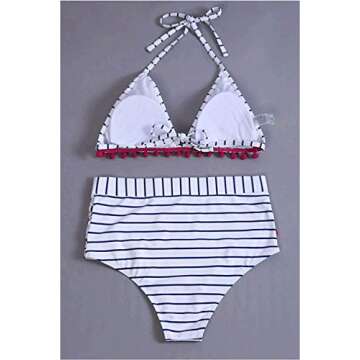 Dokotoo Womens Beach Juniors High Waist Two Pieces Brazilian Push Up Fashion Bikini Set Padded Striped Pop Pop Tassel Swimsuit Swimwear Bathing Suit with Bottom Small A Blue