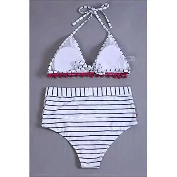 Dokotoo Womens Beach Juniors High Waist Two Pieces Brazilian Push Up Fashion Bikini Set Padded Striped Pop Pop Tassel Swimsuit Swimwear Bathing Suit with Bottom Small A Blue