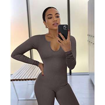OQQ Women's Yoga Ribbed One Piece Long Sleeve Jumpsuit