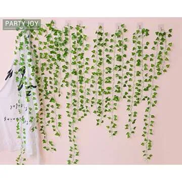 PARTY JOY 84Ft 12 Strands Artificial Ivy Leaf Vines Hanging Plants Garland Fake Foliage for Room Home Garden Bedroom Kitchen Patio Office Wedding Wall Decor (Green,960 Leaves)