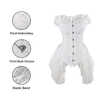Charmian Women's Sexy Strapless Floral Embroidery Mesh Princess Gothic Vintage Bustier Corset with Lace Skirt White Large