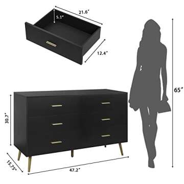 JOZZBY 6 Drawer Dresser, Modern Wood Dresser for Bedroom with Wide Drawers and Metal Handles, Storage Chest of Drawers for Living Room Hallway Entryway