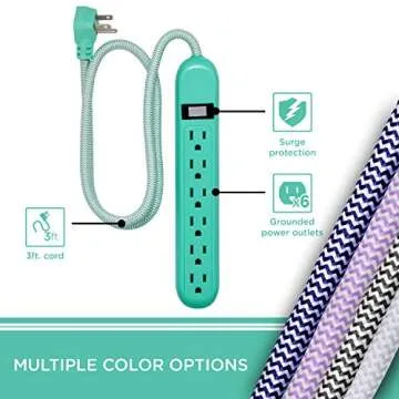 Cordinate 6-Outlet Surge Protector, Power Strip, Flat Plug, Braided Cord, Decorative, 3 ft Power Cord, Wall Mount, Tangle-Free, Warranty, Mint, 44205