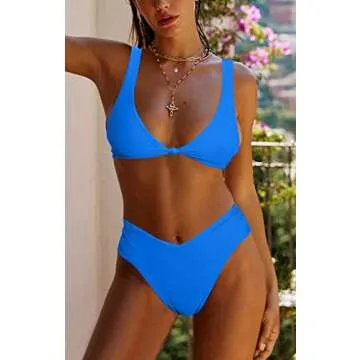 geluboao Blue V Cut High Waisted Bikini Sets for Women Solid Padded Push Up Swimsuit Cheeky High Leg Two Piece Bathing Suit M