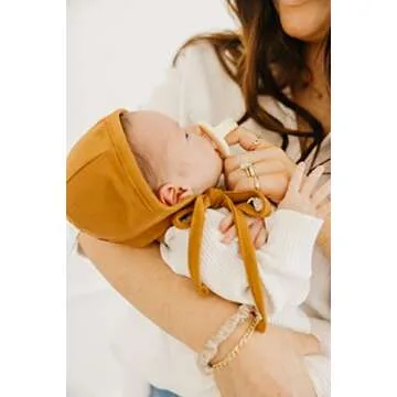 Copper Pearl Baby Bonnets: Ultra-Soft, Comfy to Wear, Tie-On Infant Sun Hat for Protection Against UV Rays, Trendy Coordinating Designs Swaddles, 0-3 Months - Camel