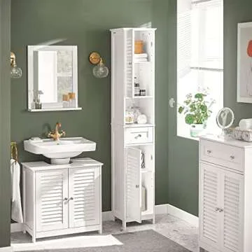 Haotian Tall Bathroom Storage Cabinet Skinny Storing Unit with Drawers Freestanding Linen Cabinet with Adjustable Shelves Multifunctional Corner Cabinet, White FRG236-W