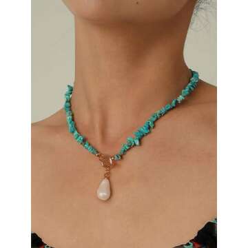 PEARLADA Boho Statement Turquoise Choker, Dainty Baroque Pearl Pendant Necklace, Trendy Turquoise Jewelry for Summer