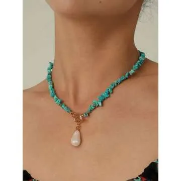 PEARLADA Boho Statement Turquoise Choker, Dainty Baroque Pearl Pendant Necklace, Trendy Turquoise Jewelry for Summer