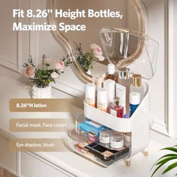 Delamu Makeup Organizer for Vanity, Skincare Organizer with Lid and Drawers, Bathroom Counter Organizer Perfume Makeup Storage, Large Cosmetic Display case for Dresser, Bathroom Countertop, White
