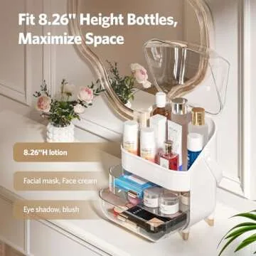 Delamu Makeup Organizer for Vanity, Skincare Organizer with Lid and Drawers, Bathroom Counter Organizer Perfume Makeup Storage, Large Cosmetic Display case for Dresser, Bathroom Countertop, White