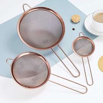 Kyraton Rose Gold Fine Mesh Strainer 3 Pieces Set, Copper Flour Sifter For Baking, Stainless Steel Clander, Matcha Tea Strainer, Gravy Separator, Stasher Sieve Pasta Strainers