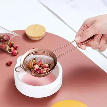 Kyraton Rose Gold Fine Mesh Strainer 3 Pieces Set, Copper Flour Sifter For Baking, Stainless Steel Clander, Matcha Tea Strainer, Gravy Separator, Stasher Sieve Pasta Strainers
