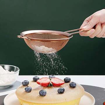 Kyraton Rose Gold Fine Mesh Strainer 3 Pieces Set, Copper Flour Sifter For Baking, Stainless Steel Clander, Matcha Tea Strainer, Gravy Separator, Stasher Sieve Pasta Strainers