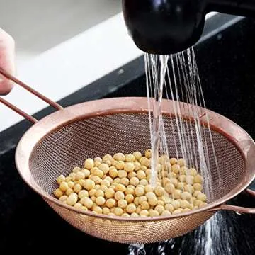 Kyraton Rose Gold Fine Mesh Strainer 3 Pieces Set, Copper Flour Sifter For Baking, Stainless Steel Clander, Matcha Tea Strainer, Gravy Separator, Stasher Sieve Pasta Strainers