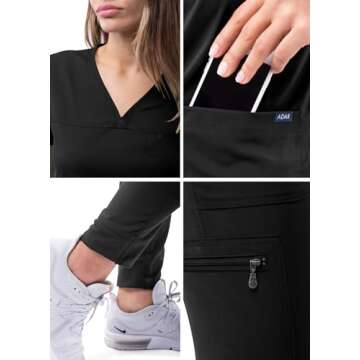 Adar Uniforms Pro Movement Booster Scrub Set for Women, Sweetheart V-Neck Scrub Top & Yoga Jogger Scrub Pants, P9400, Black, M