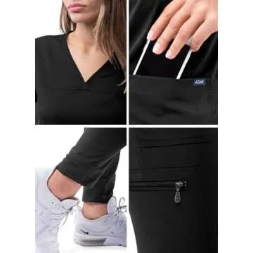 Adar Uniforms Pro Movement Booster Scrub Set for Women, Sweetheart V-Neck Scrub Top & Yoga Jogger Scrub Pants, P9400, Black, M