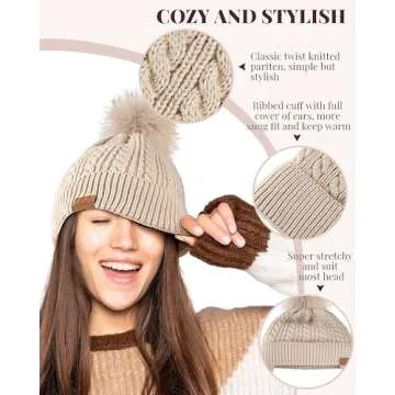 Alepo Womens Winter Beanie Hat, Warm Fleece Lined Knitted Soft Ski Cuff Cap with Pom Pom(Beige)