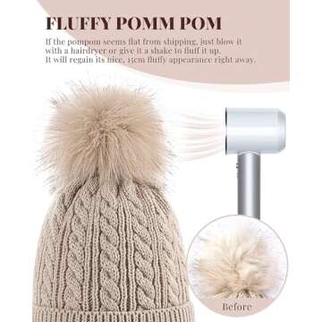 Alepo Womens Winter Beanie Hat, Warm Fleece Lined Knitted Soft Ski Cuff Cap with Pom Pom(Beige)