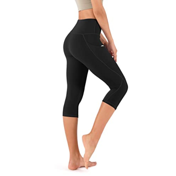 ODODOS Women's High Waisted Yoga Capris with Pockets,Tummy Control Non See Through Workout Sports Running Capri Leggings, Black,Medium