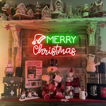 Merry Christmas Neon Light Sign for Wall Decoration, LED Christmas Hat Light up Signs Dimmable, USB ...