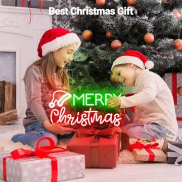Merry Christmas Neon Light Sign for Wall Decoration, LED Christmas Hat Light up Signs Dimmable, USB Powered for Home Decor, Christmas tree/village, Bar Pub Club Store, Kids Gifts